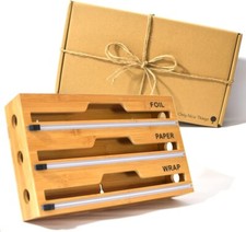 Aluminum Foil Plastic Wrap Wax Paper Dispenser w/ Cutter 3 in 1 Bamboo Kitchen