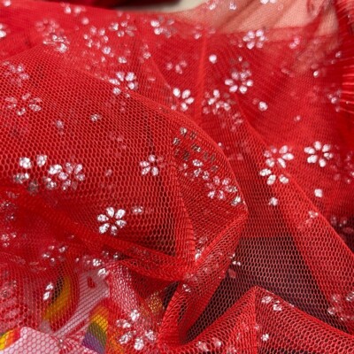 Silver Metallic Flower On Red Dress Net Tulle Fabric Tutu Skirt Toys
