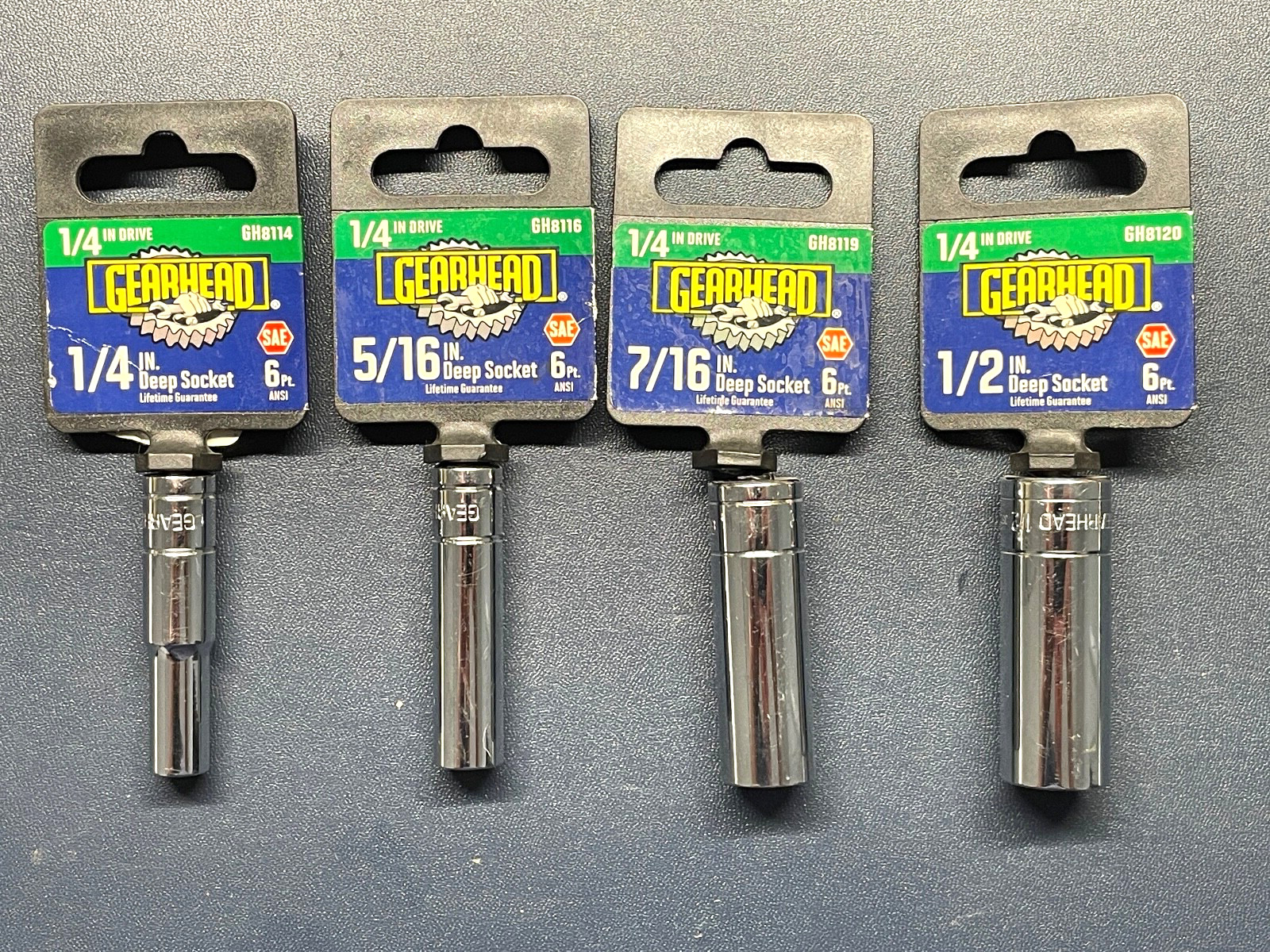 GEARHEAD LOT OF 4 OFTEN USED DEEP SOCKETS 1/4" Dr. 6PT.  1/4, 5/16, 7/16 & 1/2