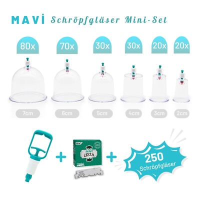 Schröpfen Set, 250x Schröpfgläser, 1x Derby Klingen, 1x Pumpe, Hacamat Kupa Seti