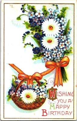 Postcard Embossed Happy Birthday Greetings Forget-Me-Nots Flowers In Basket 1912