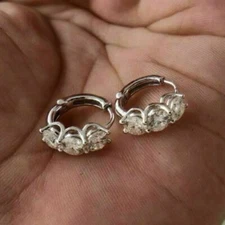 14K White Gold Over 3Ct Lab-Created Diamond Three-Stone Hoop/Huggie Earrings