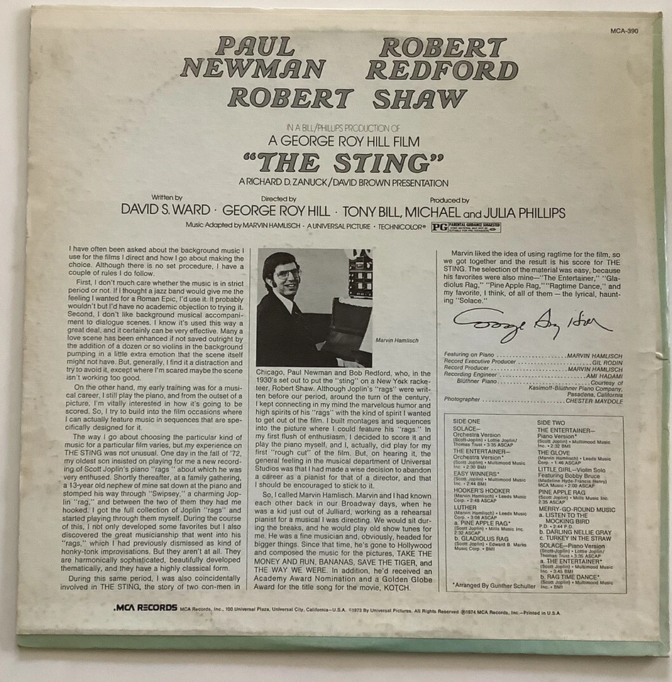 The Sting Original Motion Picture Soundtrack Vinyl LP MCA-390 1974 - Image 2 of 4