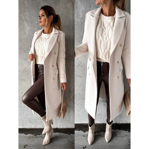 Women Slim Double Breasted Long Trench Coat Wool Blend Lapel Woolen Overcoat - Bild 26 von 27