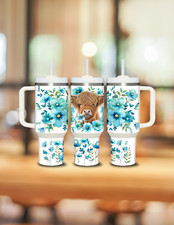 40oz Blue Floral Highland Cow Sublimated Tumbler