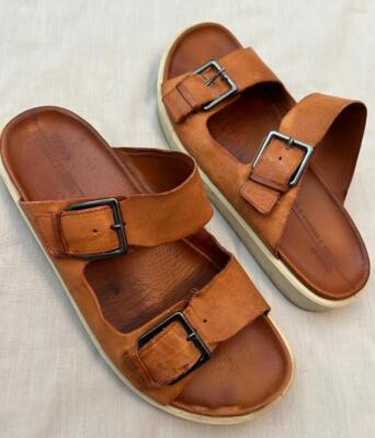 ECCO mens sz 44 Flowt brown leather strap sandals slides US 10