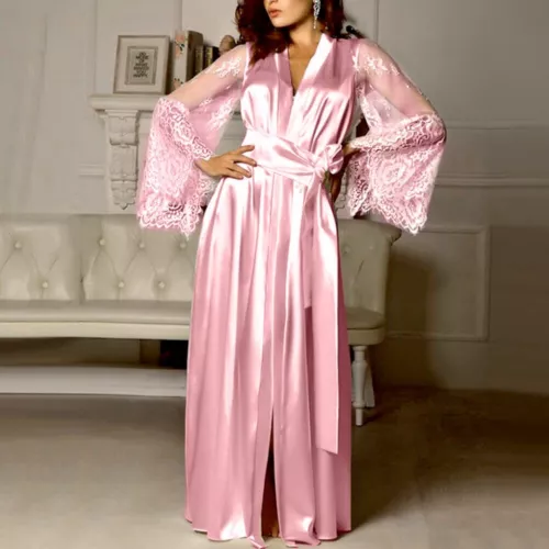 Damen Satin Lang Nachthemd Seide Spitze Dessous Nachthemd Nachtwäsche Sexy Morgenmantel - Bild 28 von 30