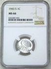 1943-S Lincoln Steel Cent NGC MS66 Bright Frosty Luster, PPQ New Holder #D277Z
