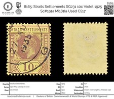 8165: Colonies Des Détroits SG231 10C Violet 1925 Sc#191A Mi181Ia Utilisé C£17