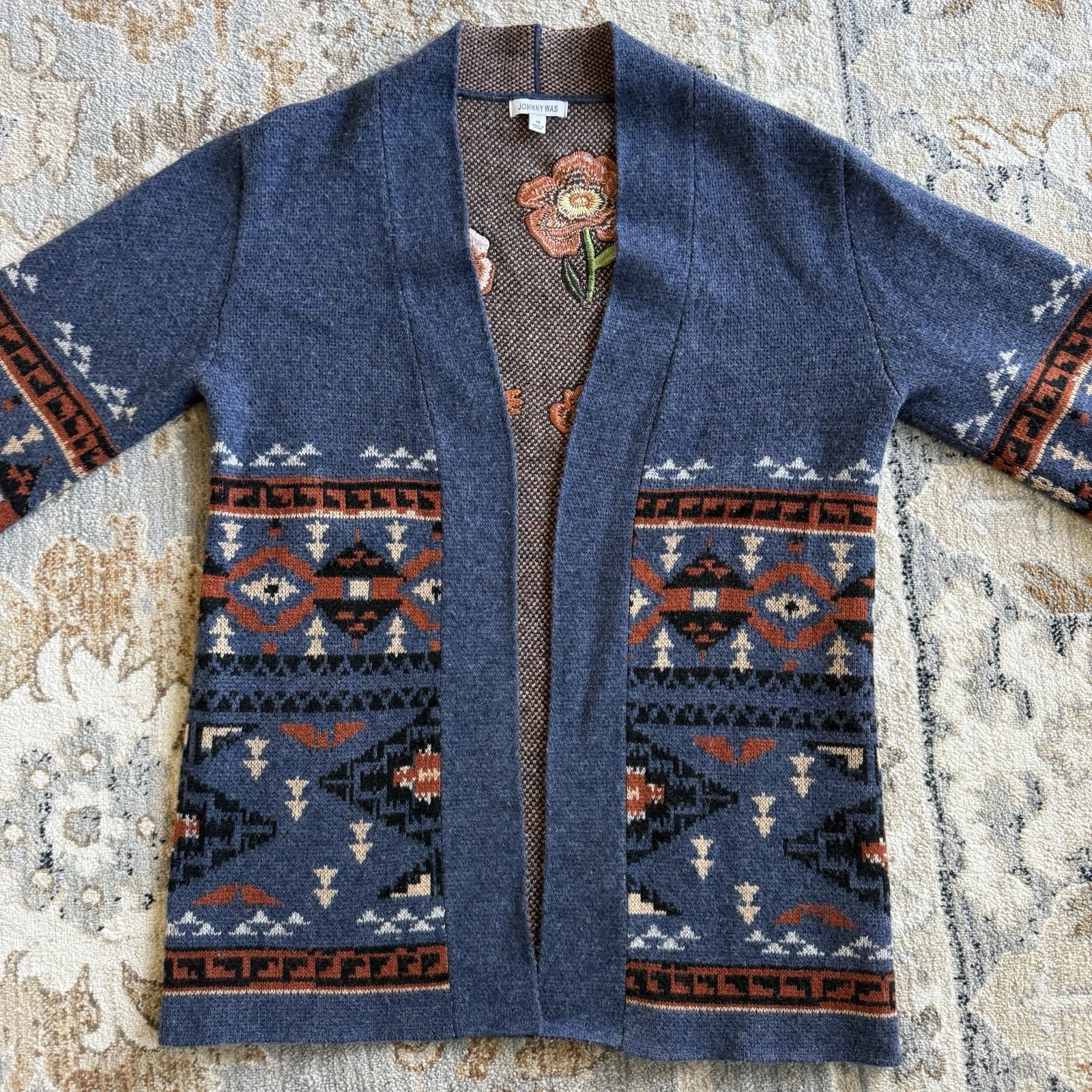 Johnny Was Desert Dreamer Cashmere & Wool Embroidered Kimono Sweater Sz XS Blue
