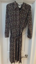 Vintage Talbots Womens Belted Shirt Dress Size 10P Burgundy Paisley Silky Poly