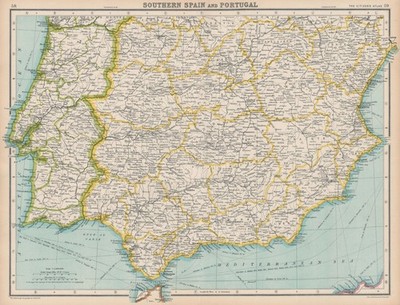 IBERIEN. Südspanien und Portugal. BARTHOLOMÄUS 1924 alte antike Kartenkarte