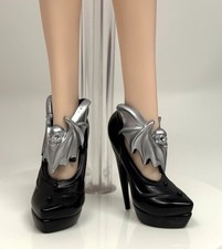 Monster High Elvira Mistress Dark Doll Outfit Shoes Black High Heels Silver Bat