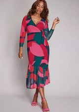 MADE FOR FREEMANS  Mesh Printed Midi Wrap Dress in Red UK 12  (FSS11-3)