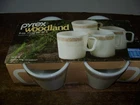 Pyrex Woodland 9oz Mug Set Of 4 Vintage Milk Glass NEW OLD STOCK D handle mint!