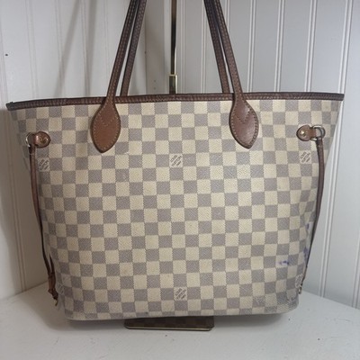 Authentic LOUIS VUITTON Neverfull MM Damier Azur White Check Tote Bag Womens