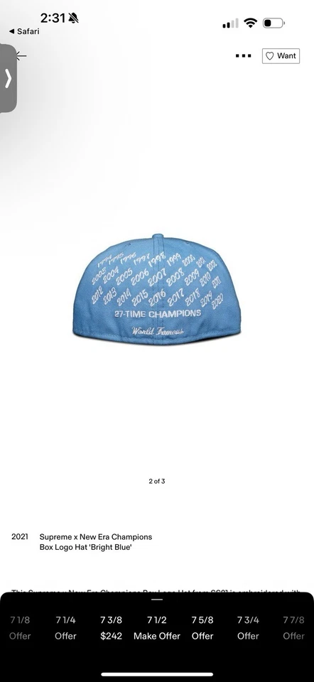 Supreme x New Era Champions Box Logo Hat 'Bright Blue'  7  1/2 - Image 2 of 4