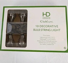 HD Designs 10 Decorative Bulb String Light Set NIB Indoor/Outdoor Antique Brown