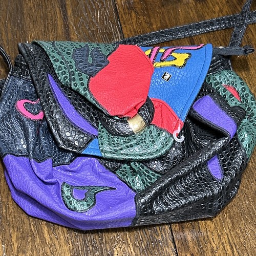Vintage 80s Nas Bag Multicolor Patchwork Handbag Purse Korea Colorful Bright Art - Picture 12 of 14