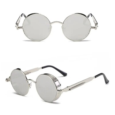Vintage Retro Sonnenbrille Steampunk Rund Silber Verspiegelt Cool UV400 5310 MSV