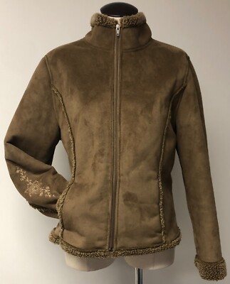 LL BEAN WOMENS FAUX SHEARLING EMBROIDERED APRES SKI CASUAL JACKET COAT EUC SZ L