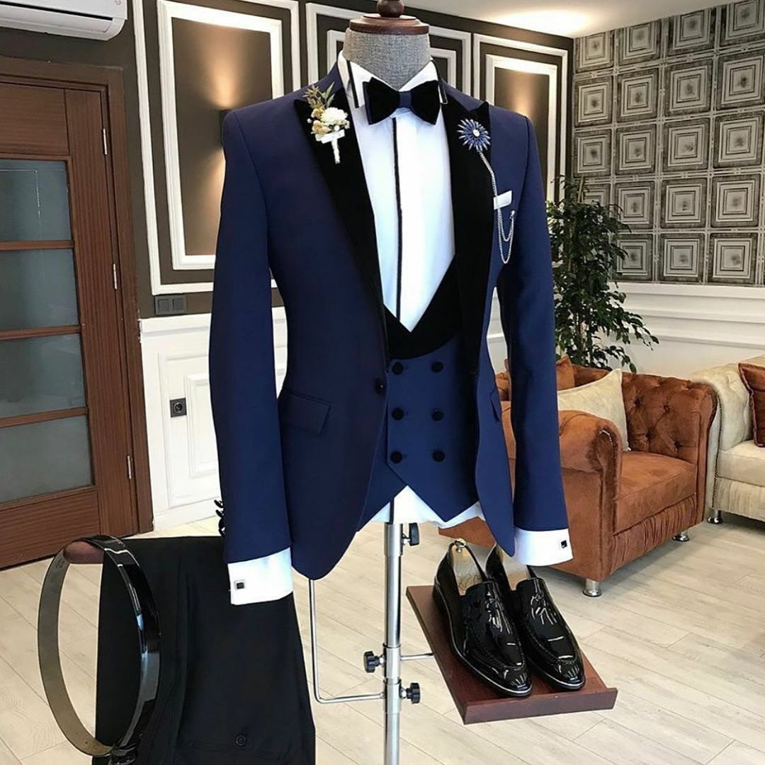 3 Piece Navy Blue Men Slim Fit Suit Groom Tuxedo Formal Wedding ...