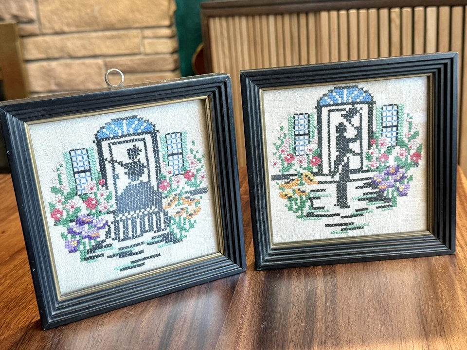 Pair Vintage Silhouette Floral Cross Stitch Art 6" Framed Cottagecore Decor - Image 2 of 4