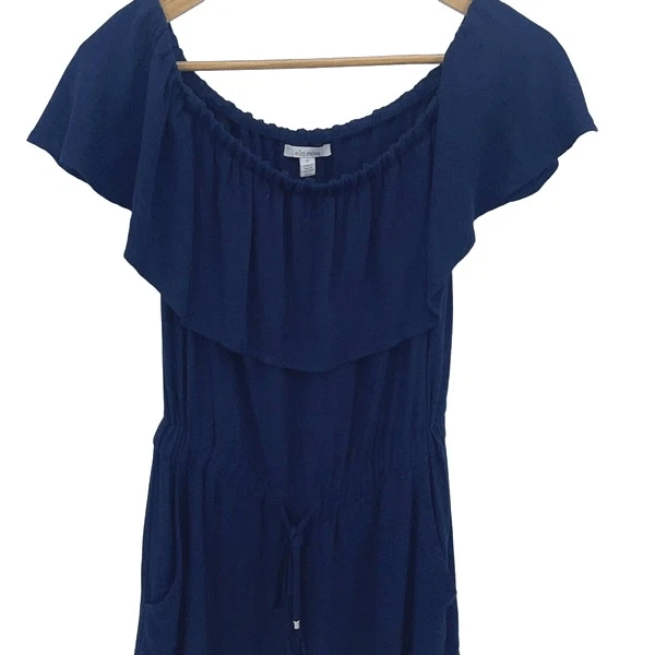 Mameluco Ella Moss para mujer fuera del hombro suave con volantes de rayón azul marino XS Foto 3 de 4