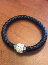 Leather Braided Rhinestone Women Bracelet with Magnetic Closure
