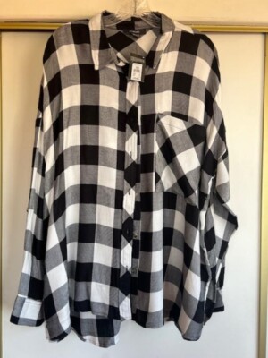 NWT Primark Women's Plaid Shirt (Size 16 USA) Black/White Long Sleeves, Pocket