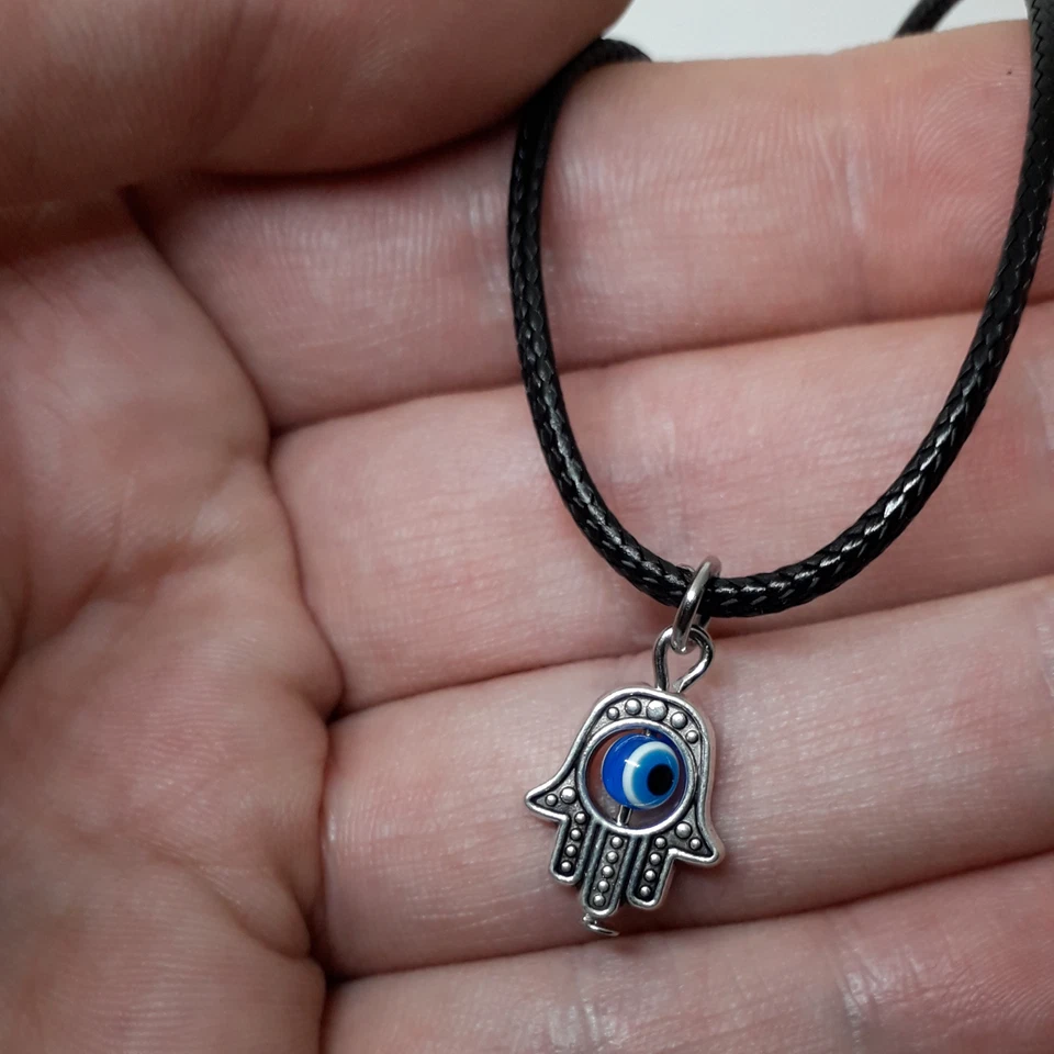 Collana Mano di Fatima Occhio Allah turco Argento corda tipo caucciu Uomo Donna - Immagine 3 di 4