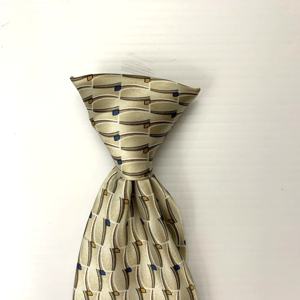 PURITAN Clip On Necktie Mens Sz 3.75" x18.75" Taupe Blue Gold Foulard Tie Church - Image 3 of 4