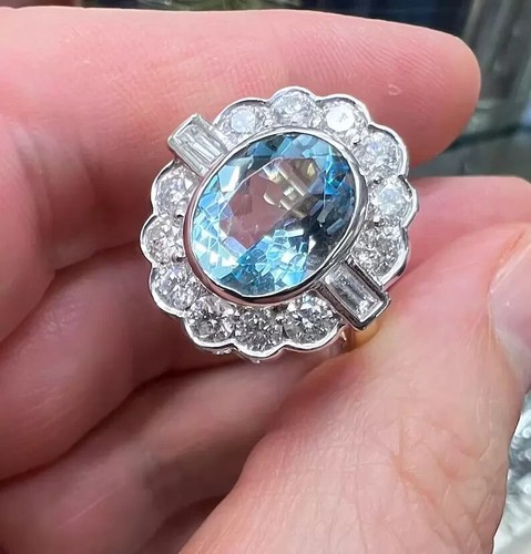 Anello di Fidanzamento 5,20 Ct Taglio Ovale Diamante Acquamarina Naturale Oro Giallo 14K - Foto 9 di 12