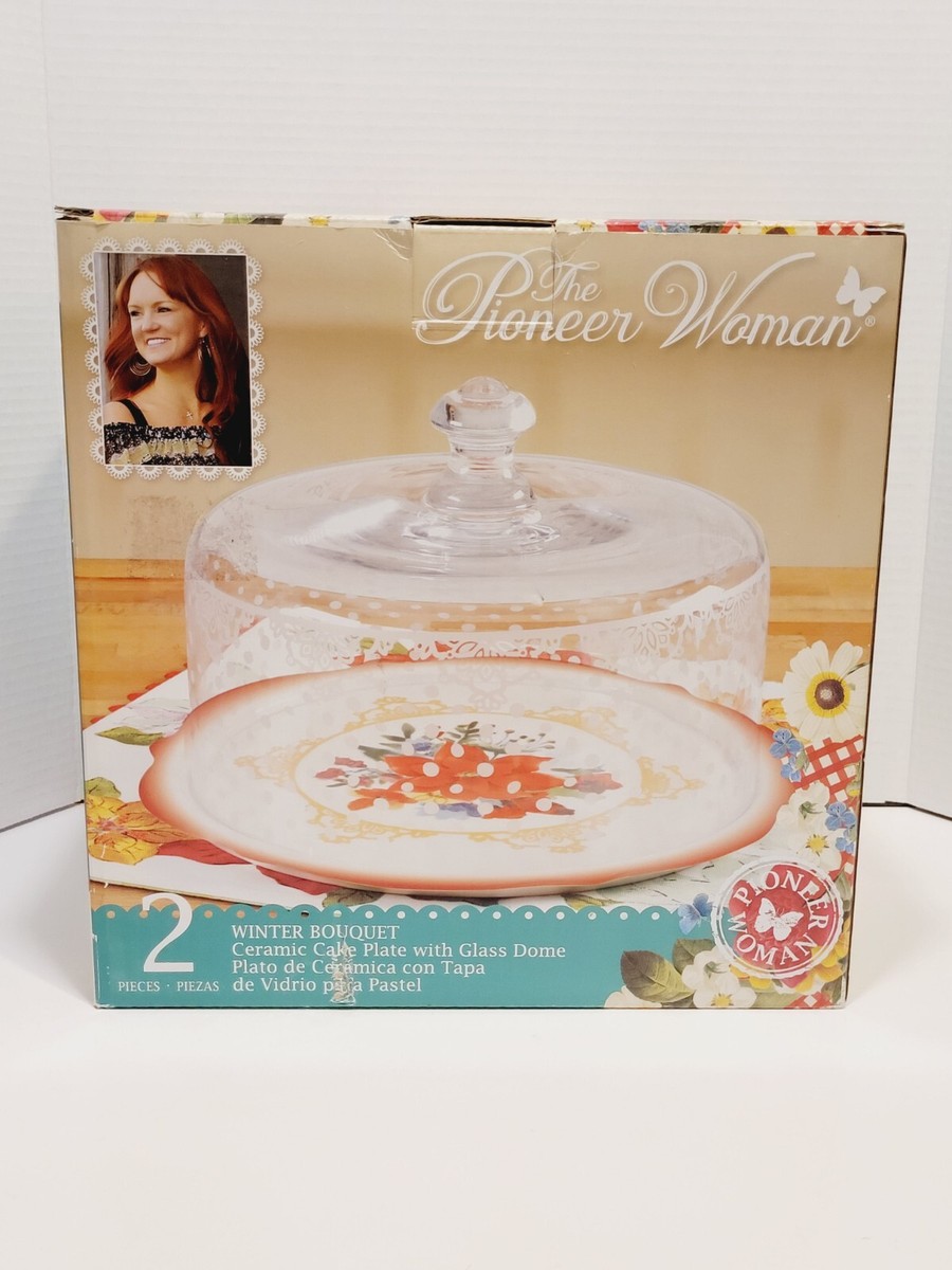 NIB Pioneer Woman Winter Bouquet Ceramic Cake Plate W/ Glass Dome