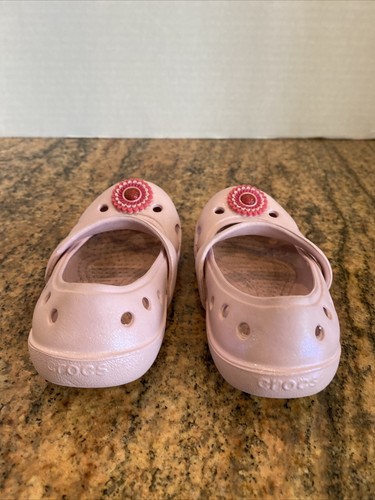Crocs Pink Mary Janes Girl’s Flower Shoes Size 7 - Picture 4 of 8
