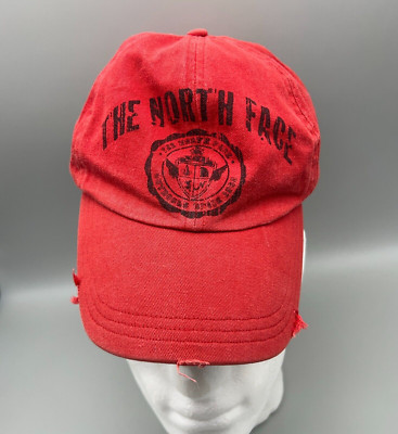 The North Face Hat Cap Strapback Red Varsity Logo Distress Hike Camp Climb Gorp