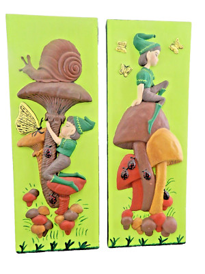 Pair 1970's Pixie/Elf/Mushroom Ceramic Plaque Wall Art