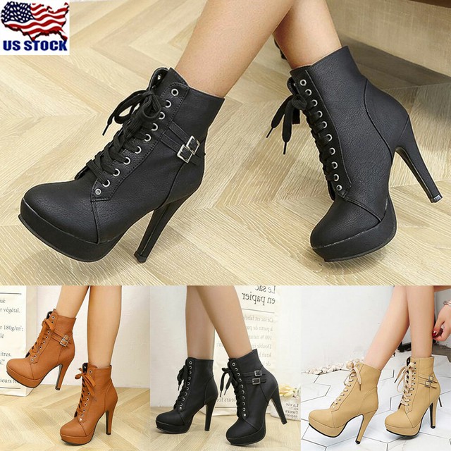 Womens Ladies Block High Heels Chelsea Ankle Boots Platforms Shoes Winter Size