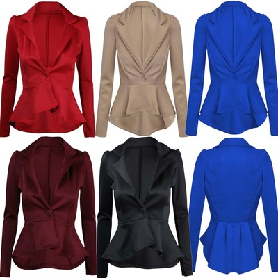 Womens Ladies Plus Size Slim Fit Office Frill Peplum Blazer Jacket 18 20 22  24