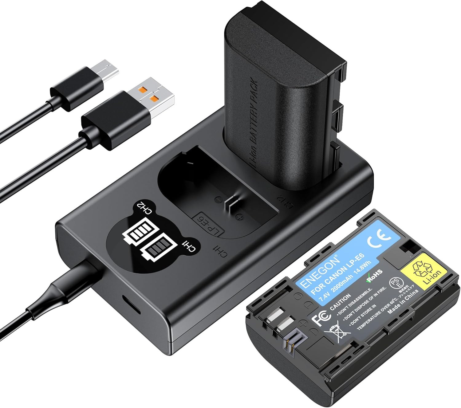 LP-E6 Batterie de Rechange 2 Packs et Chargeur LED USB pour Canon EOS