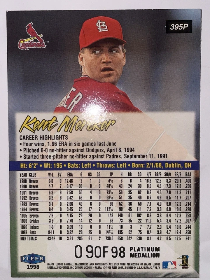 Ultra Platinum Medallion Edition 1998 #395P Kent Mercker/98 MN++ Foto 2 de 2