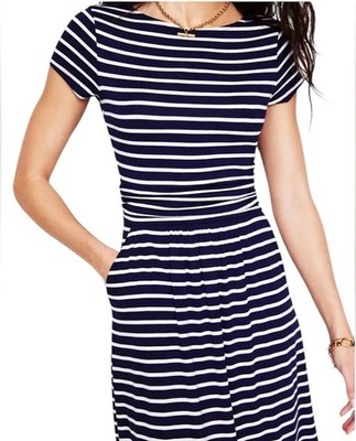 Boden Amelia Jersey Knit Dress Blue White Stripe Short Sleeves Pockets 4 Petite