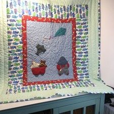 Quilted Baby Quilt Bears Hippos Planes Kite Wagon Pastels And Bright Colors