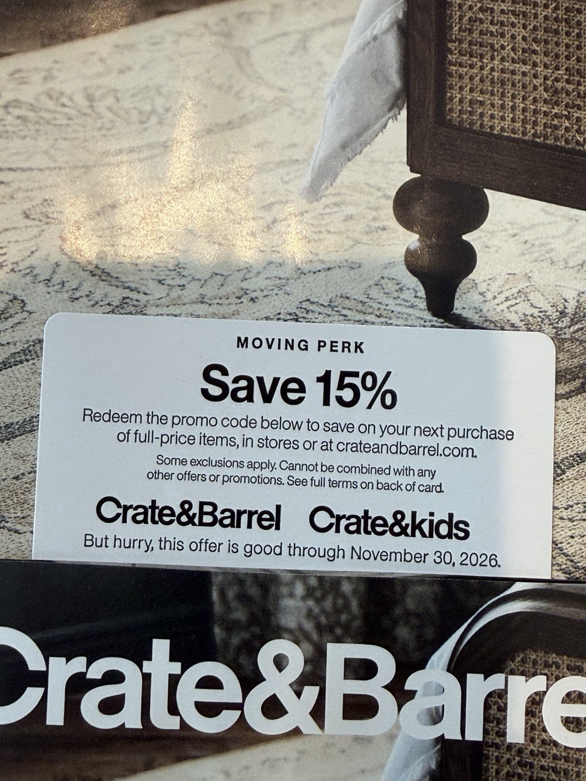 crate and barrel 15% off expires 11/30/26 in store or online