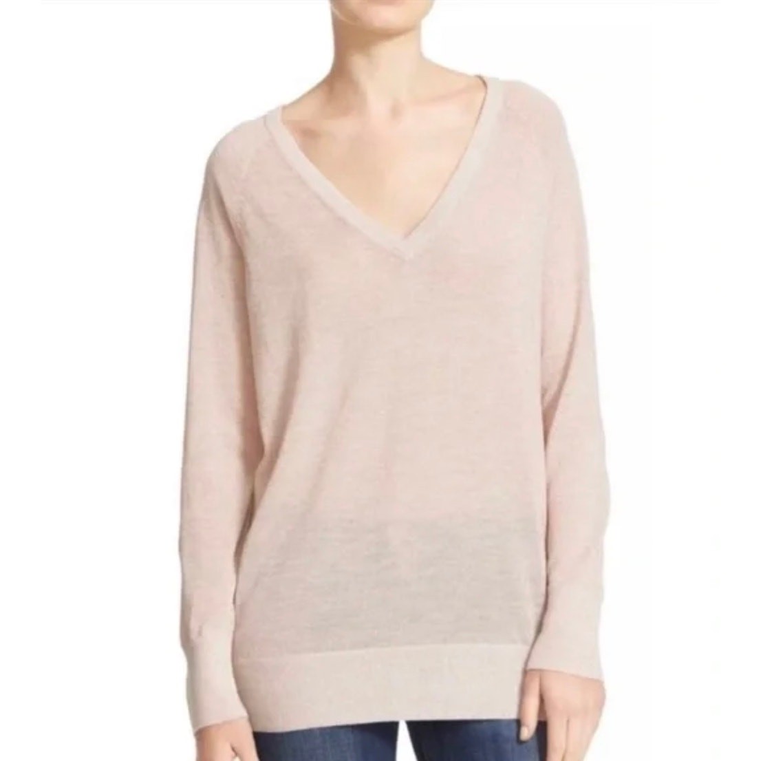 Equipment Femme Pink Small Shimmer Wool Blend Metallic V-Neck Light Sweater