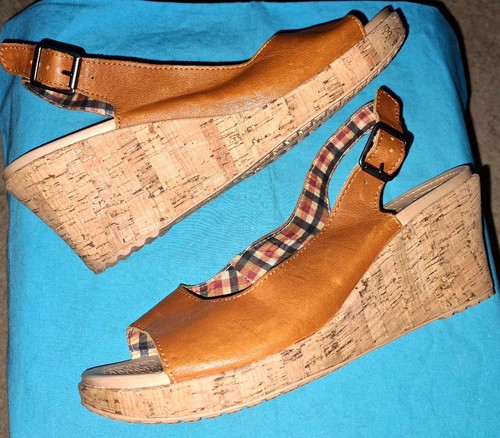 Crocs A Leigh Cork Wedge Sling Back Peep-Toe Brown Leather Sandals, Women's - Picture 6 of 19