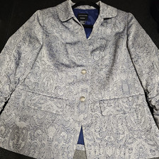 Doncaster Womens SZ 14 Silver Royal Blue Brocade Holiday Jacket Ruched Sleeve