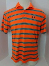 Under Armour Polo Shirt Golf Mens Shirt Orange Size L Striped Heat Gear