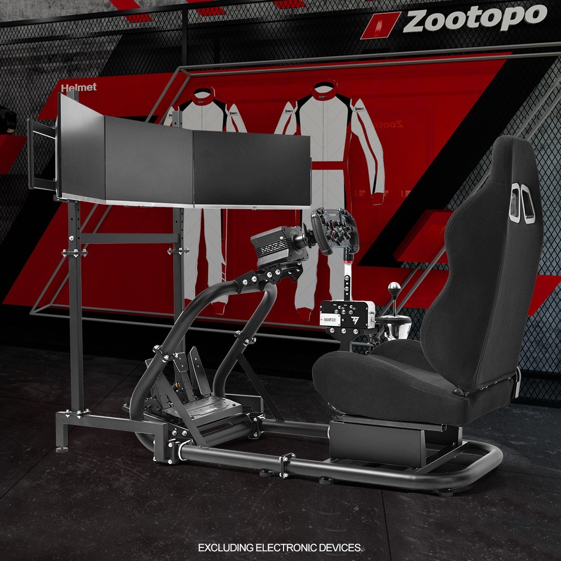 Zootopo Racing Sim Cockpit With Black Seat & Triple TV Stand Fits Thrustmaster