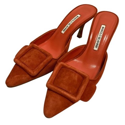 MANOLO BLAHNIK Maysale Mule Sandals, Size 38 1/2 Orange Women USED